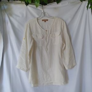 Ellen Tracy Linen Tunic Womens Size S Cream Roll Tab Sleeves Zip Front